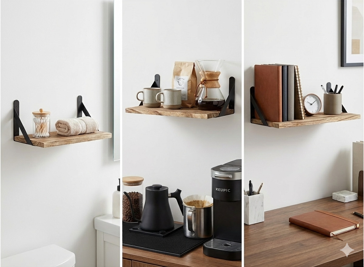 Lot de 3 Étagères Murales - Bois Massif et Métal Noir (29, 36, 42cm)