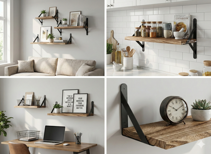Lot de 3 Étagères Murales - Bois Massif et Métal Noir (29, 36, 42cm)